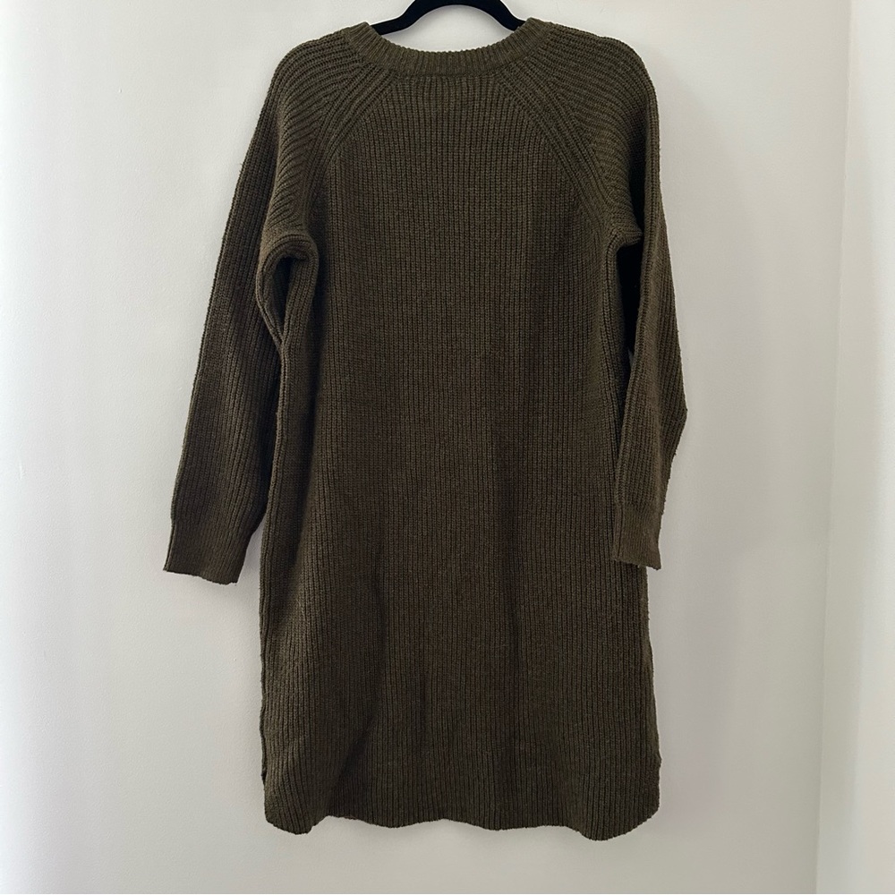 Madewell Wool Blend Curved Hem Long Sleeve Sweater Dress Olive Green Medium - Picture 4 of 7